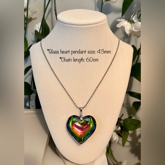Crystal Glass Multicolor Heart Charm Pendant  Necklace Big 43mm 3D 60cm Chain - Picture 3 of 8